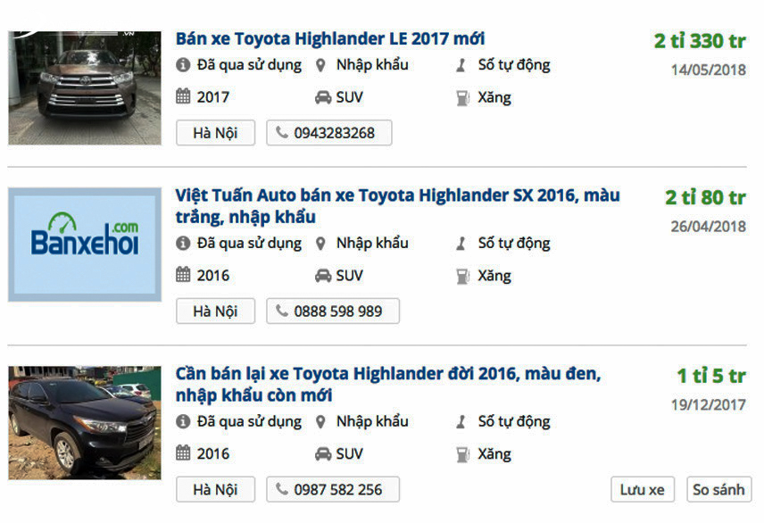 Xe Highlander cũ được rao bán khá nhiều để người mua lựa chọn