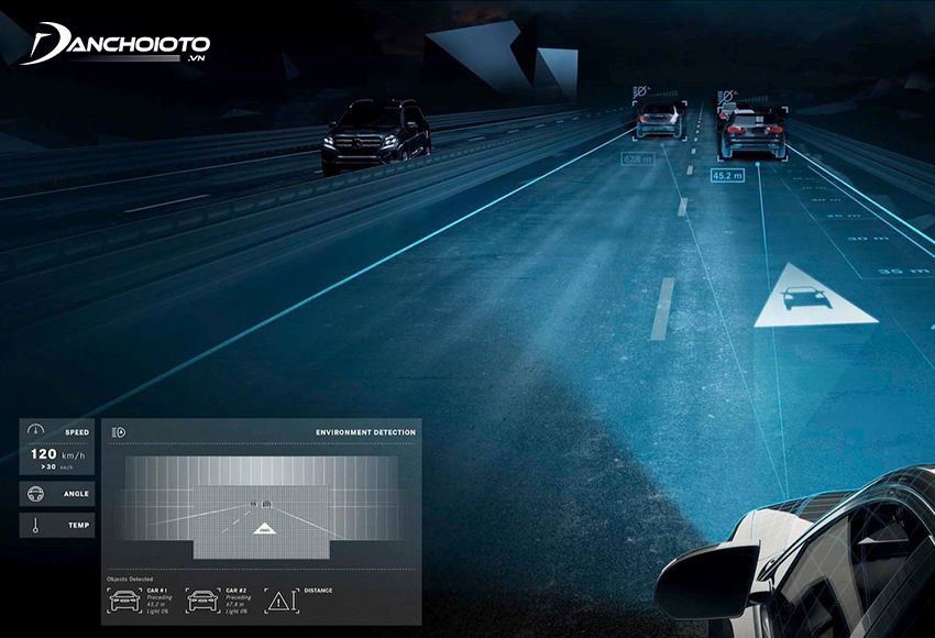 Đèn Digital Light trên C300 AMG 2023 có thể giao tiếp với người lái, phát ra cảnh báo bằng hình ảnh chiếu trên đường
